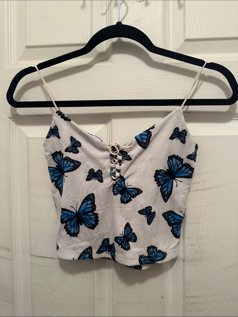 Rue21 White Cropped Cami Top with Blue Butterfly Print